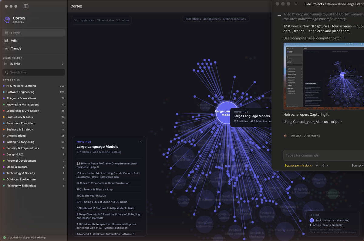 Clicking a topic hub opens a focused article panel